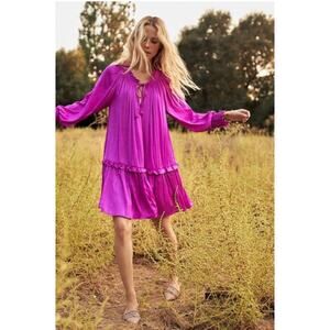 Anthropologie Giulia Tunic Dress Sz Large Fuchsia Pink Tiered Boho Ruffle Lined